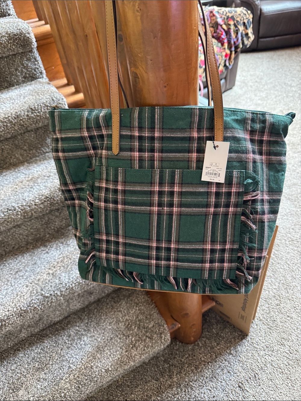 Green Plaid Tote Bag with Fringe and Tan Straps